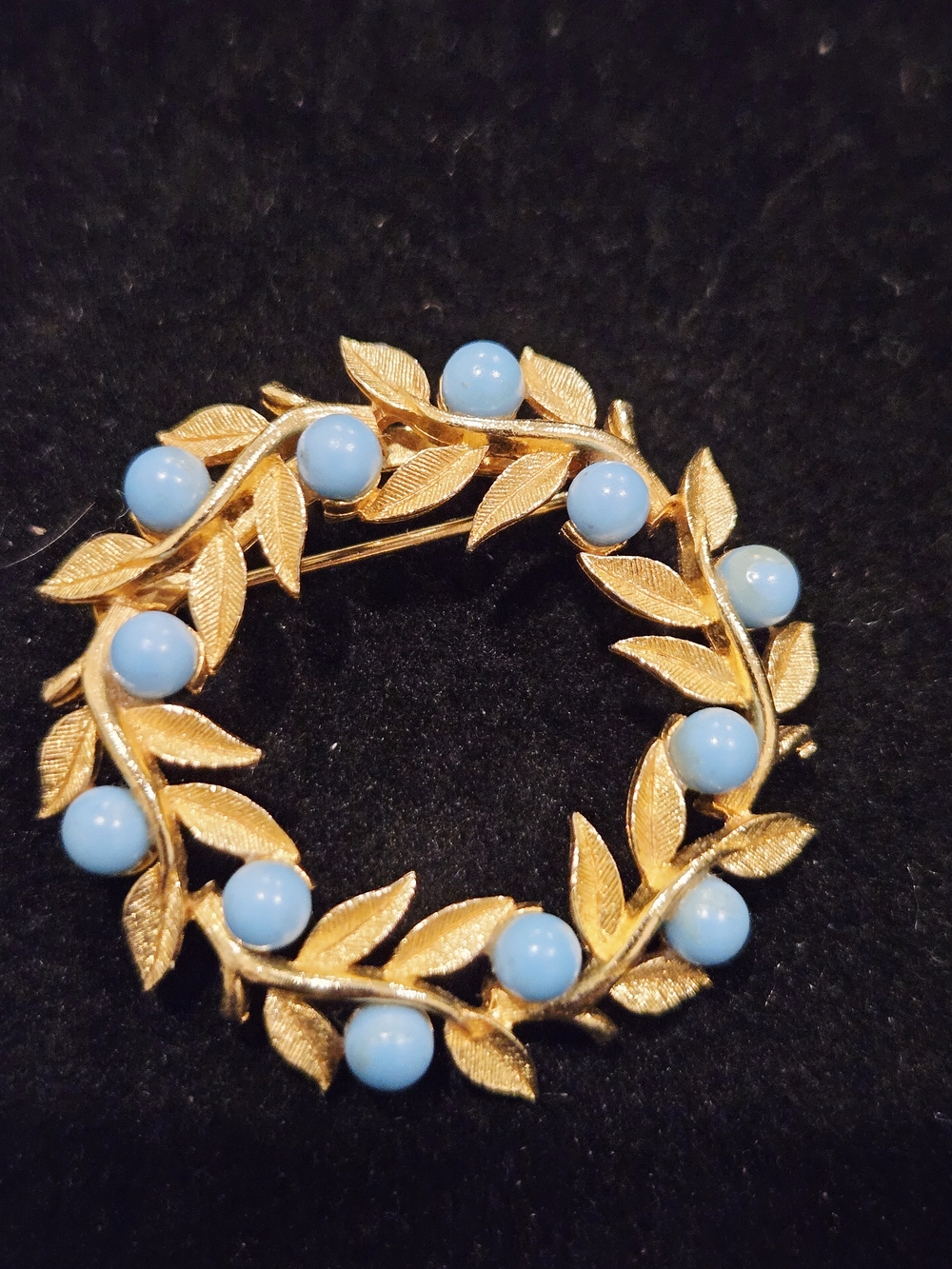 Vintage Gold Leaf Wreath Brooch with Light Blue Beads - Women's Jewelry